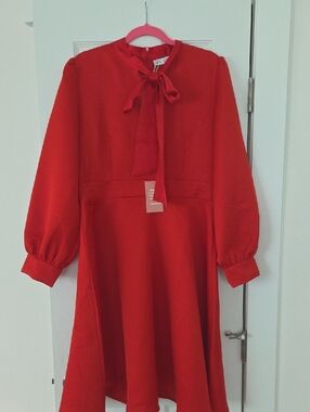 Women's Red Bow-Tie Long Sleeve Dress